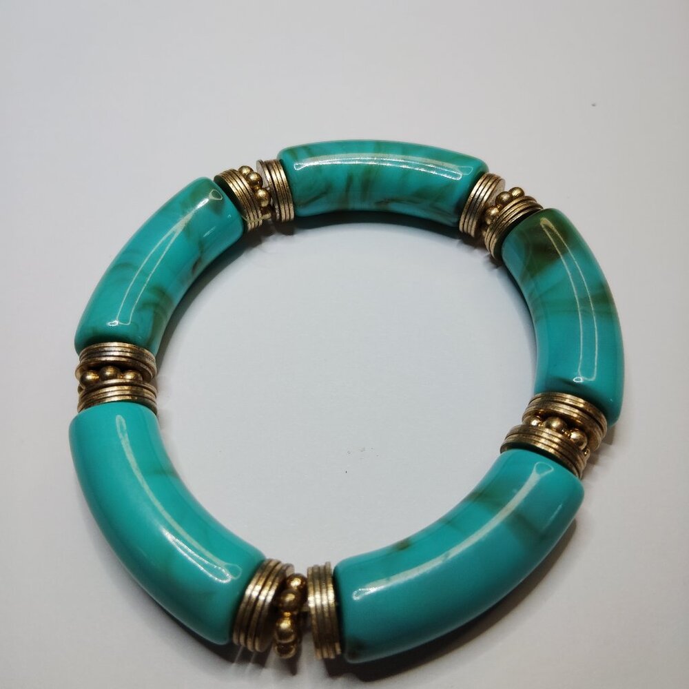 Turquoise Resin Stretch Bracelet with Gold Tone Spacers, 2.5" Across